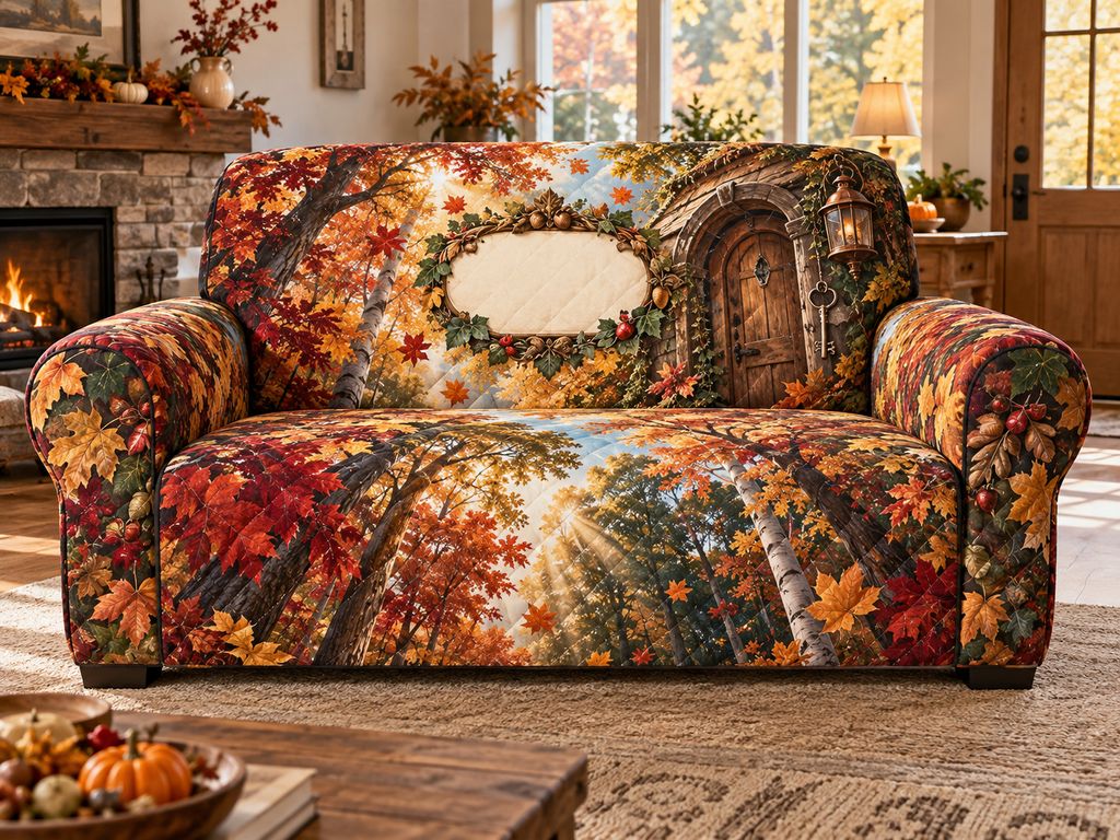 One sofa cover with an immersive autumn canopy, cottage doorway, brass key, copper lantern and blank cream name plaque.