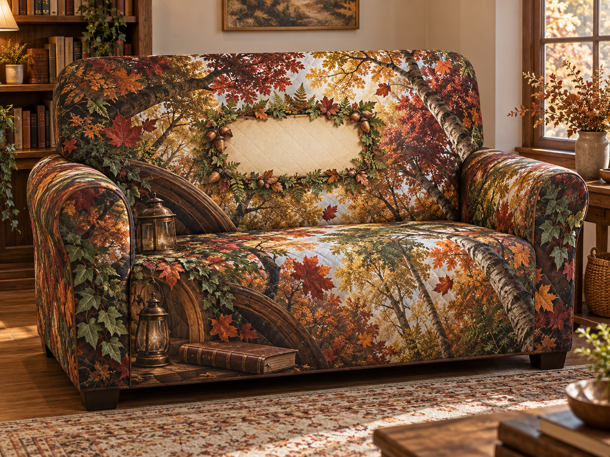 One sofa cover with a tranquil autumn canopy, walnut reading arch, brass lantern, closed book and blank cream name plaque.