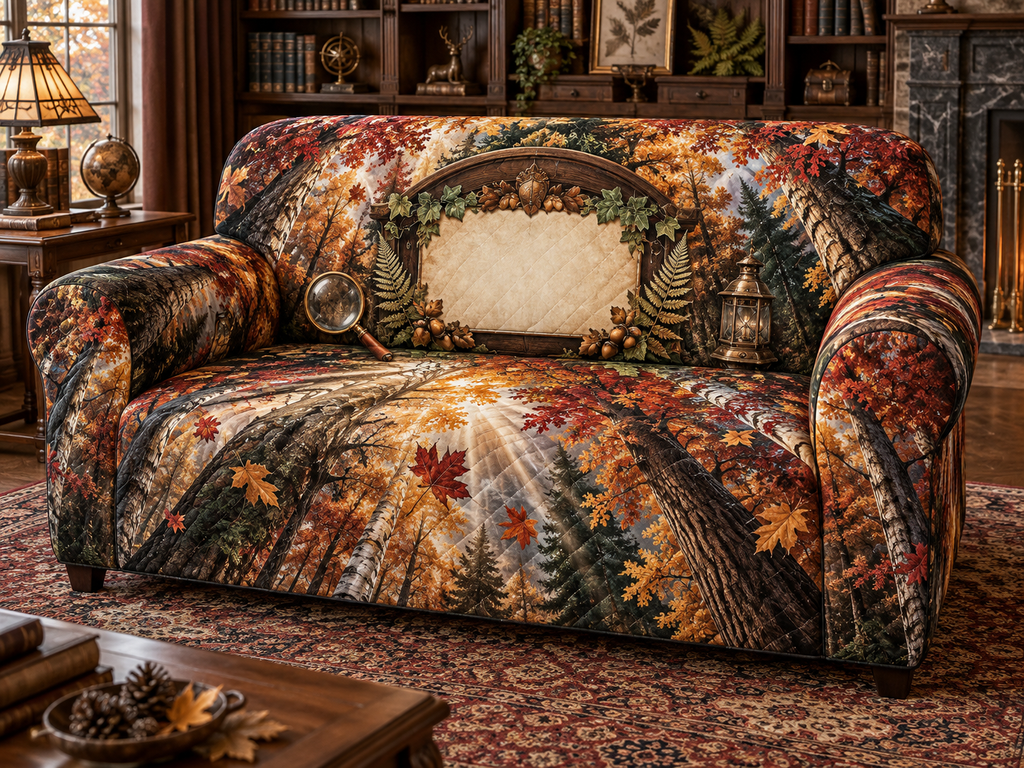One sofa cover with a rare autumn canopy, walnut collector arch, brass magnifying glass, museum lantern and blank parchment name plaque.