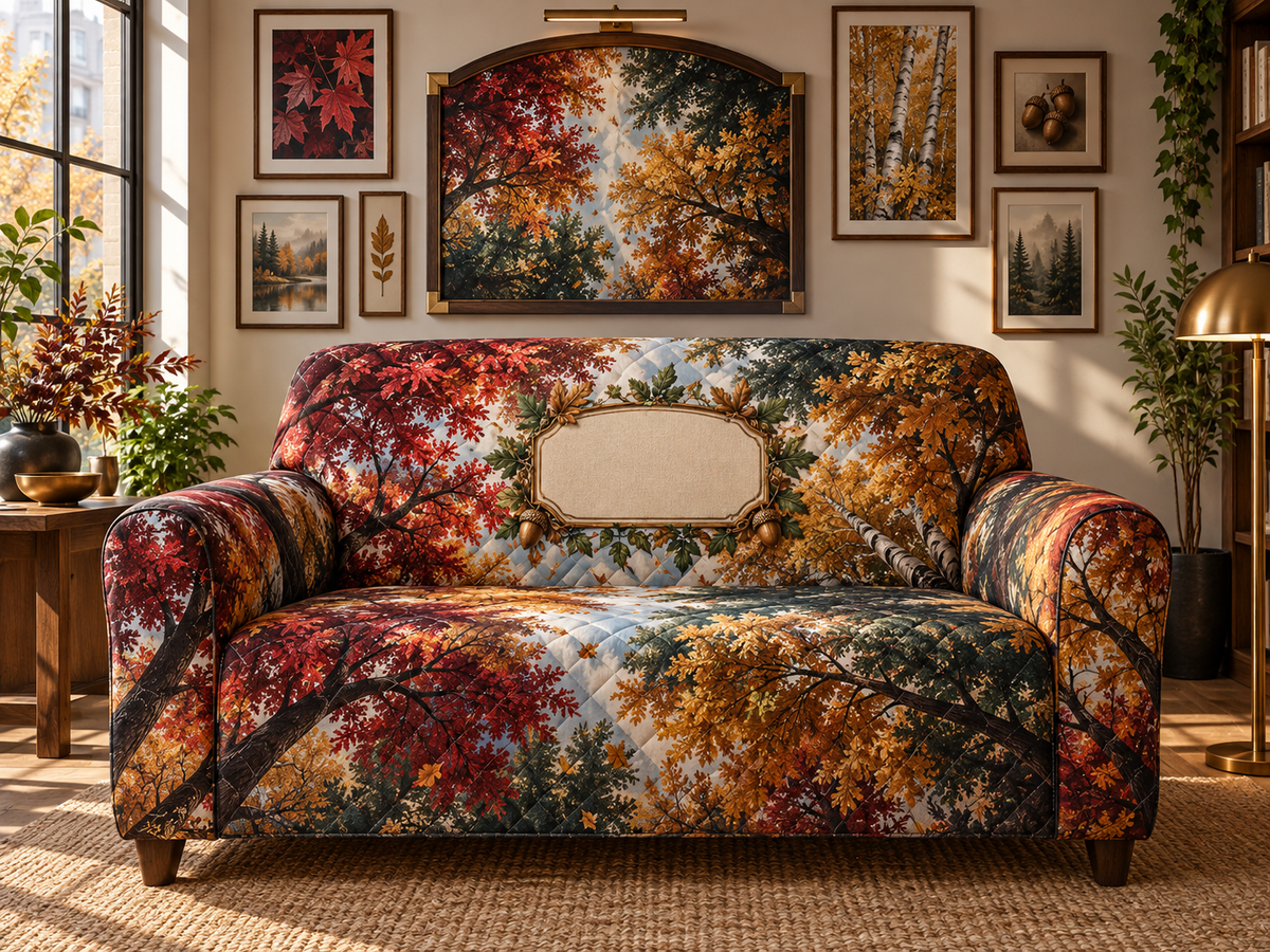 One sofa cover with a graphic autumn canopy, black-walnut gallery arch, brass accents, picture light and blank linen name plaque.