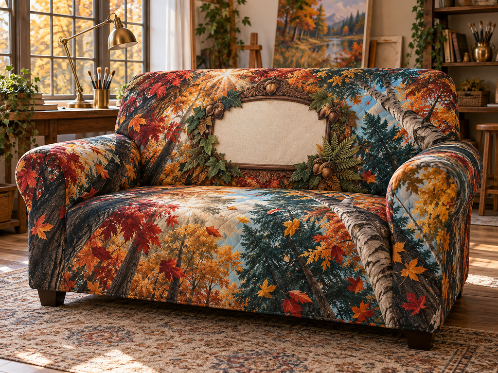 One sofa cover with an autumn forest canopy, carved walnut studio arch, brass art tools and blank canvas-texture name plaque.