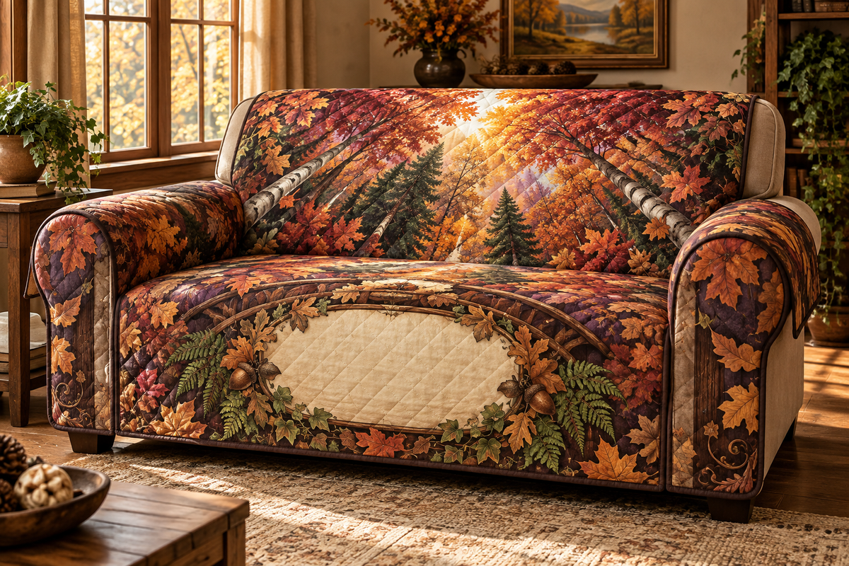 One sofa cover with a luminous autumn forest canopy, curved cedar doorway and blank cream-linen name plaque.