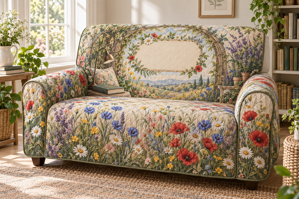One sofa cover with a sunlit wildflower meadow, woven-willow reading arch and blank ivory-linen name plaque.