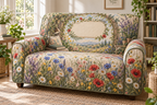 One sofa cover with a sunlit wildflower meadow, woven-willow reading arch and blank ivory-linen name plaque.