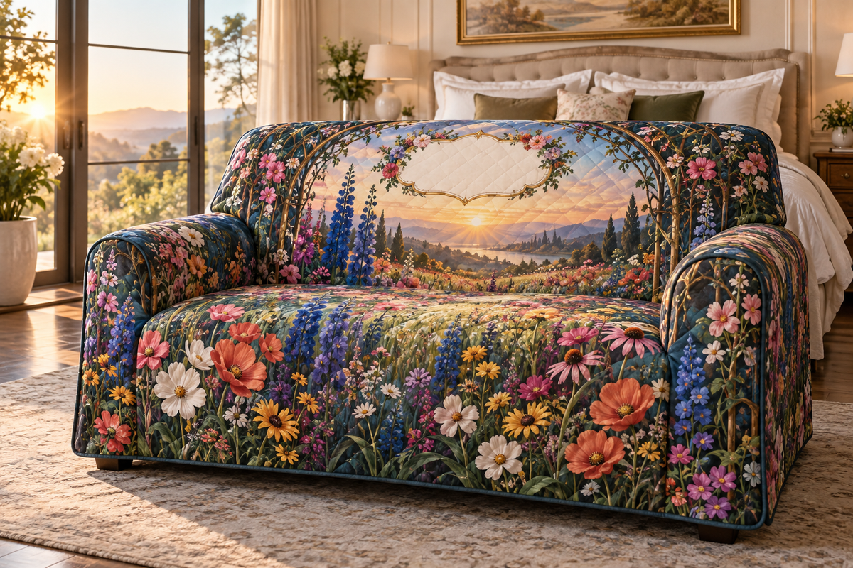 One sofa cover with a dramatic sunrise wildflower meadow, dark-bronze botanical trellis and blank ivory name plaque.