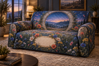 One sofa cover with a blue-hour wildflower meadow, circular stone garden portal and blank ivory name plaque.