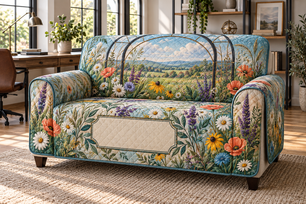 One sofa cover with a fresh wildflower meadow, blackened-steel studio window and blank linen name plaque.
