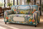One sofa cover with a fresh wildflower meadow, blackened-steel studio window and blank linen name plaque.