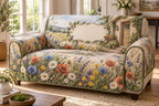 One sofa cover with a sunlit wildflower meadow, fieldstone cottage doorway, antique-copper key motif and blank linen name plaque.