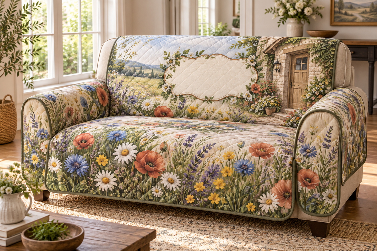 One sofa cover with a sunlit wildflower meadow, fieldstone cottage doorway, antique-copper key motif and blank linen name plaque.