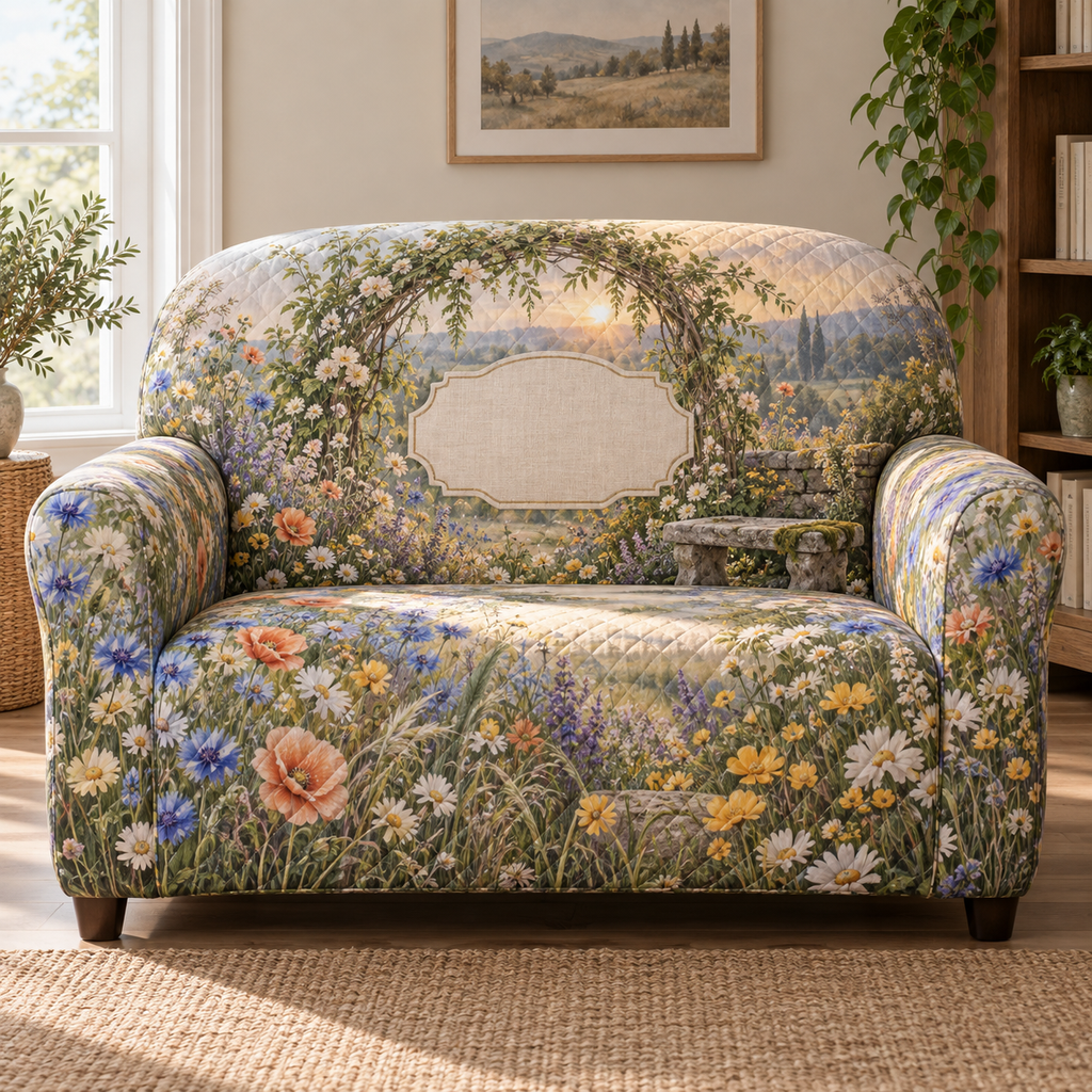 One sofa cover with a tranquil dawn wildflower meadow, weathered willow arch, stone bench motif and blank linen name plaque.
