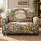 One sofa cover with a tranquil dawn wildflower meadow, weathered willow arch, stone bench motif and blank linen name plaque.