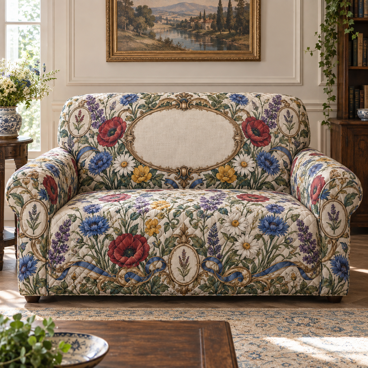One sofa cover with a collector wildflower herbarium, antique-brass oval frame, botanical medallions and blank ivory linen name plaque.