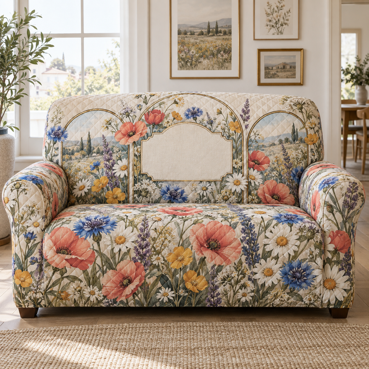One sofa cover with overlapping arched wildflower gallery panels, matte-brass printed lines and blank warm-linen name plaque.