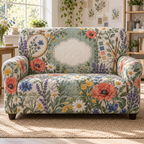 One sofa cover with a wildflower maker garden, sea-glass studio arch, embroidery hoop, paintbrush motifs and blank oatmeal-linen name plaque.