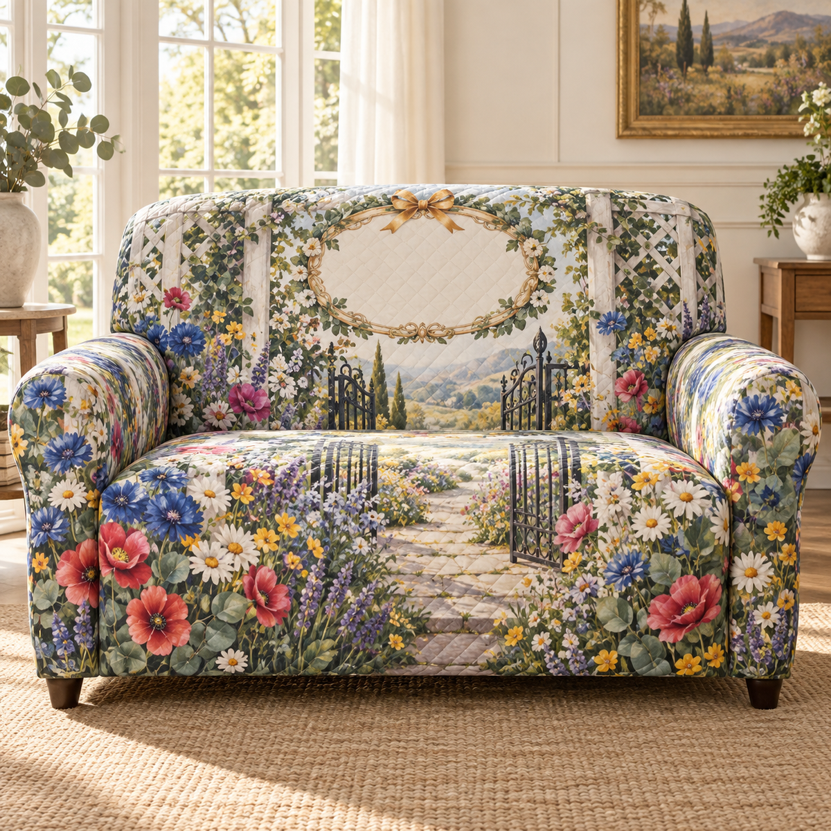 One sofa cover with a welcoming wildflower garden gate, whitewashed trellis, champagne-gold ribbon wreath motif and blank ivory-linen name plaque.