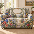 One sofa cover with a welcoming wildflower garden gate, whitewashed trellis, champagne-gold ribbon wreath motif and blank ivory-linen name plaque.