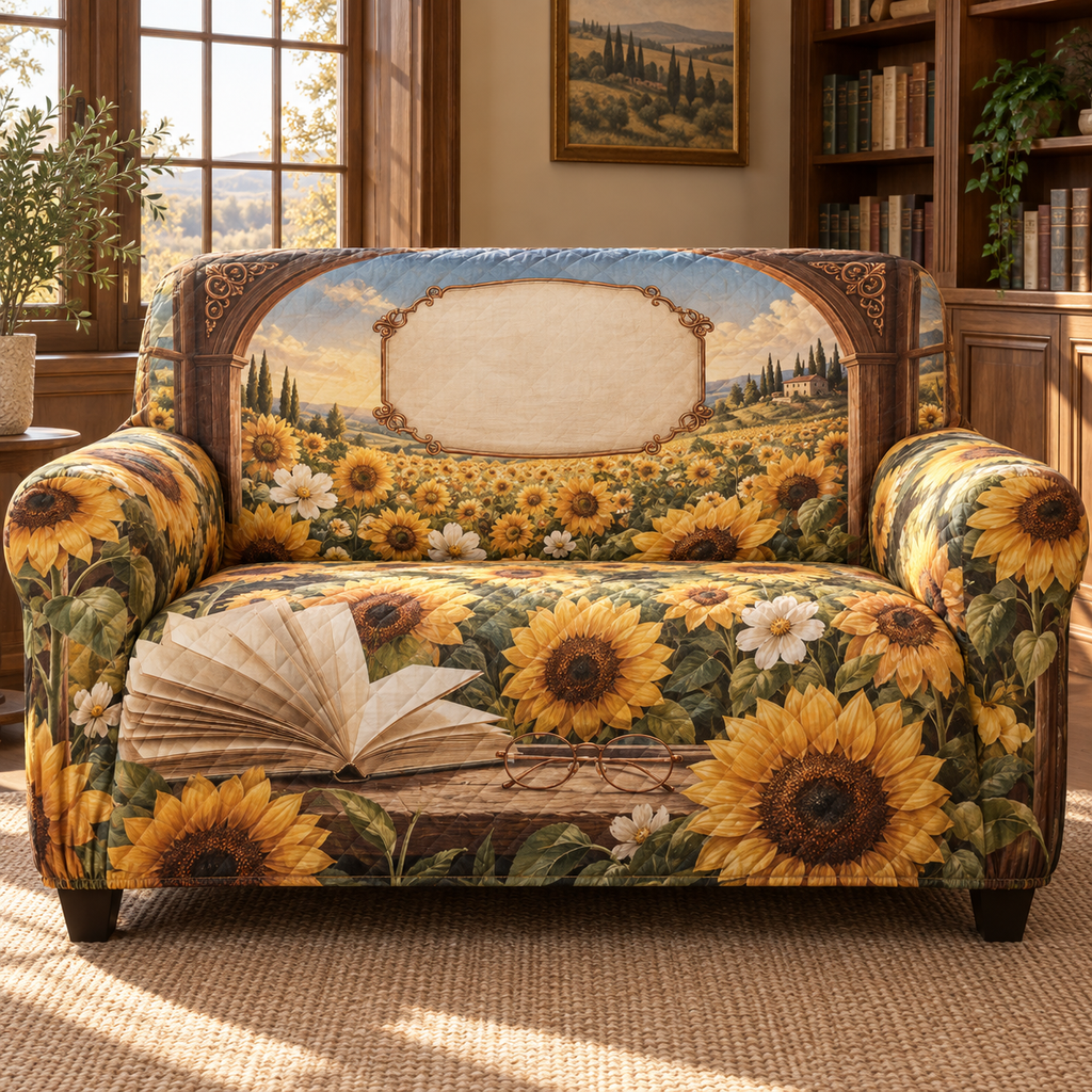 One sofa cover with a luminous sunflower field, walnut library-window arch, copper reading-glasses motif and blank parchment-linen name plaque.