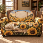 One sofa cover with a luminous sunflower field, walnut library-window arch, copper reading-glasses motif and blank parchment-linen name plaque.