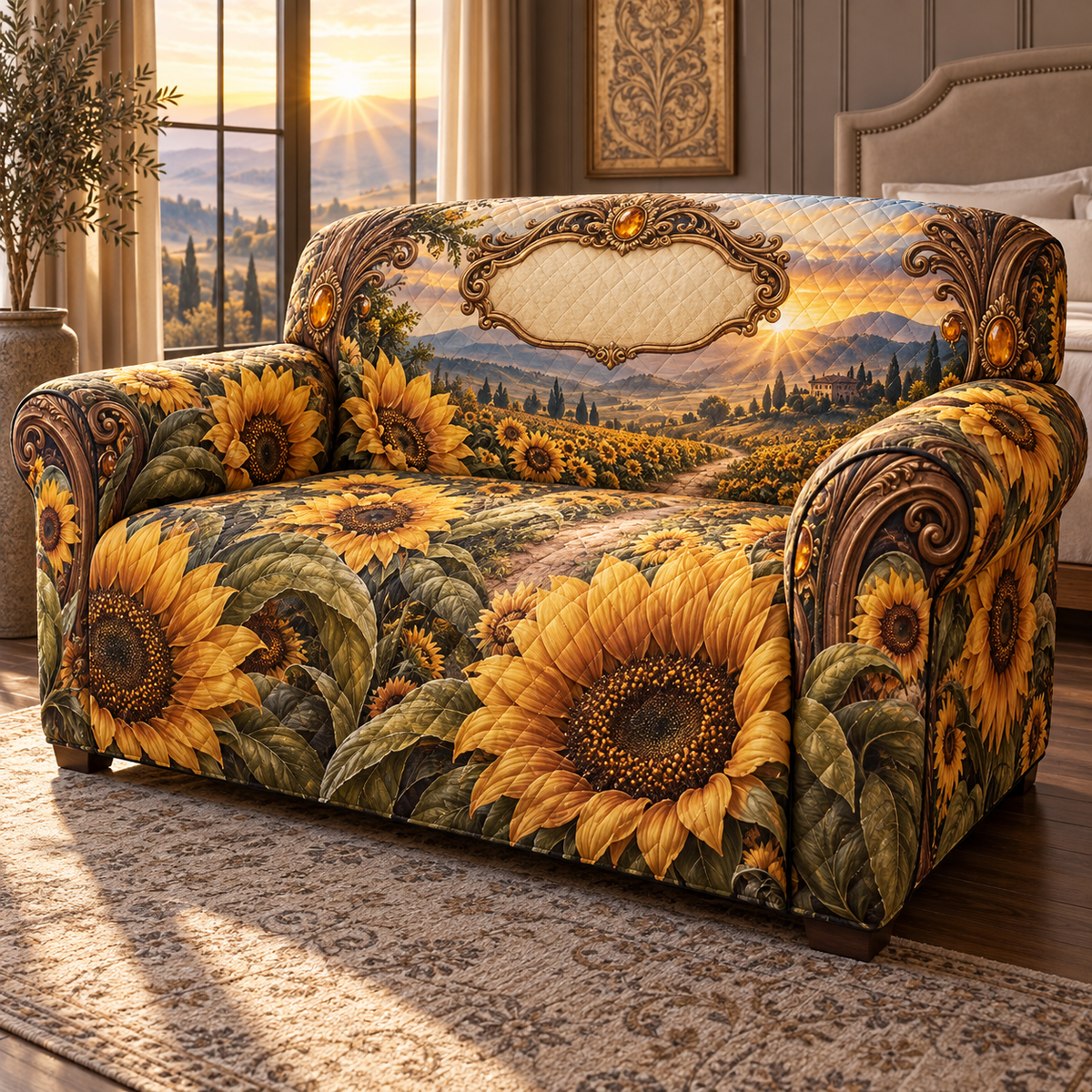 One sofa cover with a deep-perspective sunflower field, walnut portal, antique-copper filigree and blank ivory personalization plaque.