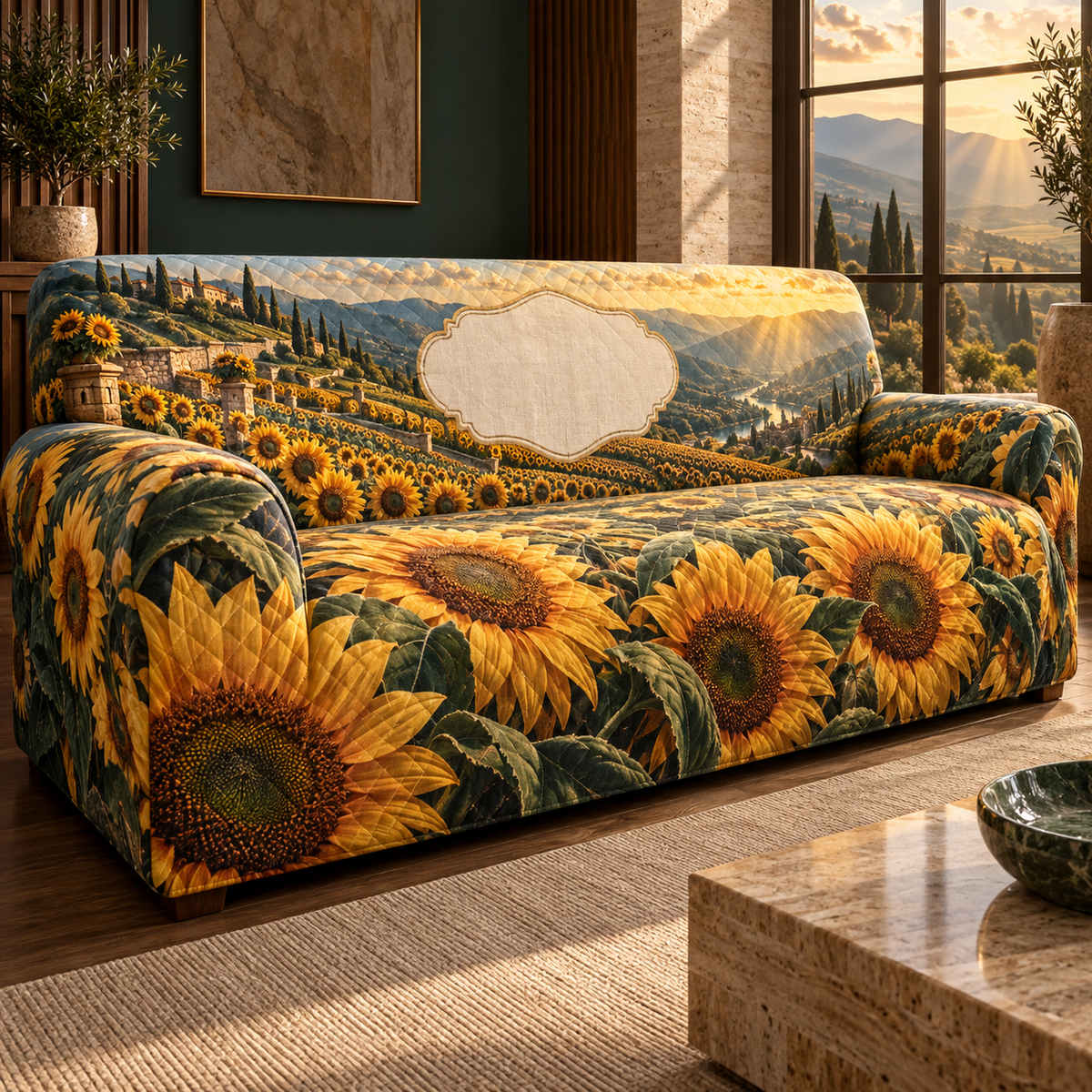 One sofa cover with monumental foreground sunflowers, sweeping terraces, teal valley, amber horizon and blank cream personalization cartouche.
