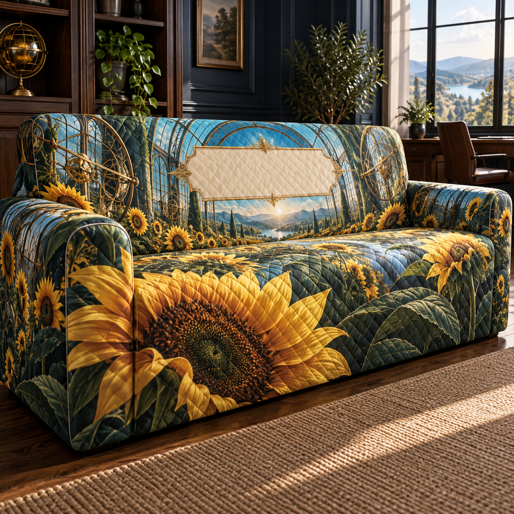 One sofa cover with monumental sunflower petals, brass observatory rings, emerald botanical grids, deep blue sky corridor and blank ivory personalization panel.