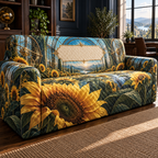 One sofa cover with monumental sunflower petals, brass observatory rings, emerald botanical grids, deep blue sky corridor and blank ivory personalization panel.