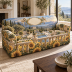 One sofa cover with monumental sunflowers, sunken limestone courtyard, sapphire mosaic channels, cream house and blank ivory personalization plaque.