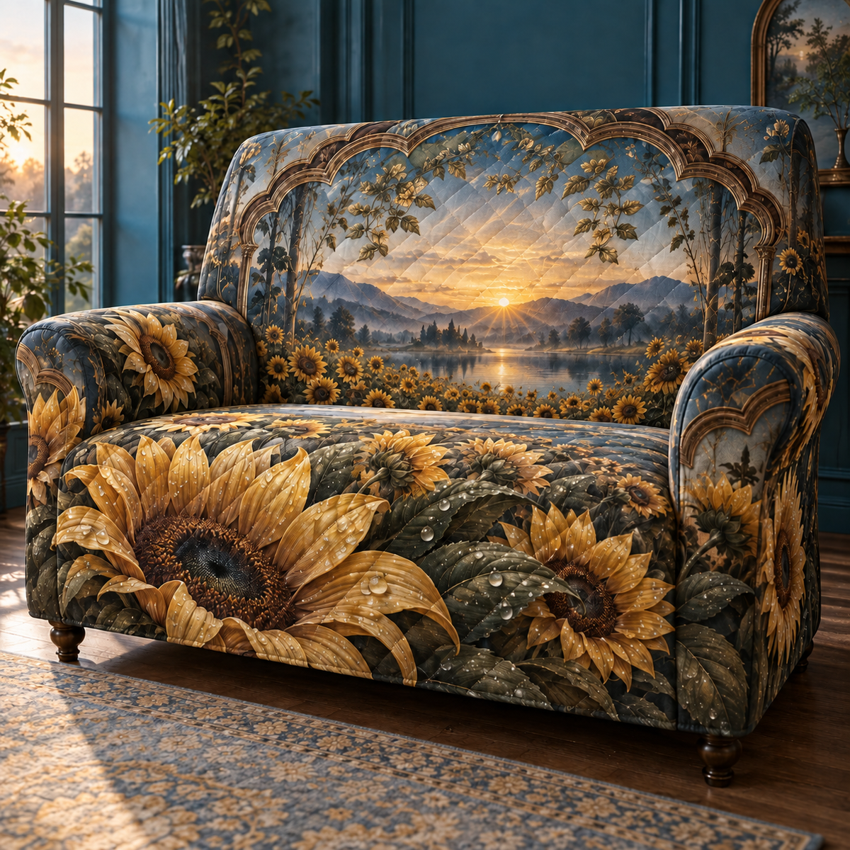 One sofa cover with monumental dew-covered sunflowers, nested walnut shadowbox layers, reflective pool, indigo hills and a seamless finished composition.