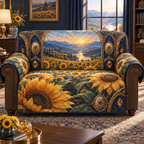 One sofa cover with a continuous sunflower collector gallery, monumental golden blooms, antique-brass arches, indigo velvet bays and a deep sunrise valley.