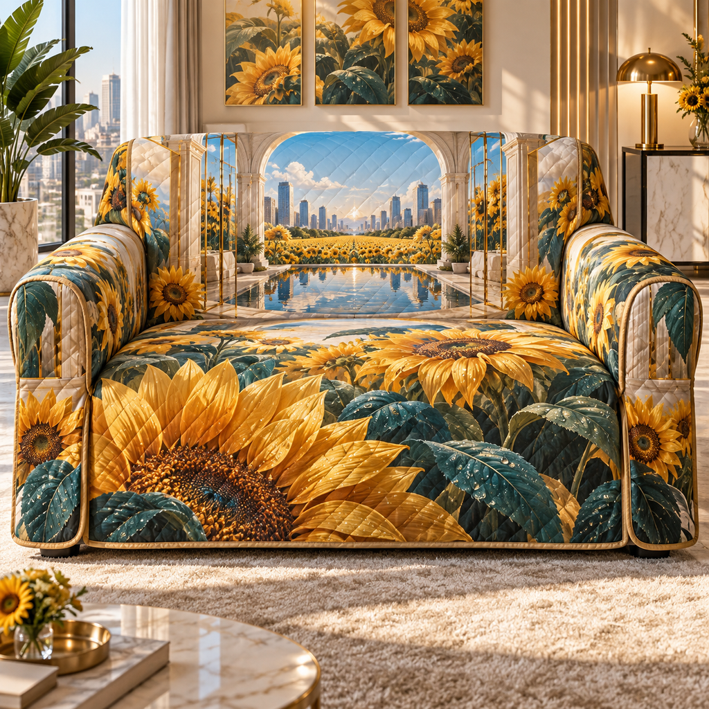 One sofa cover with a continuous sunflower apartment gallery, folded golden blooms, ivory portals, prismatic panels and a deep modern skyline.