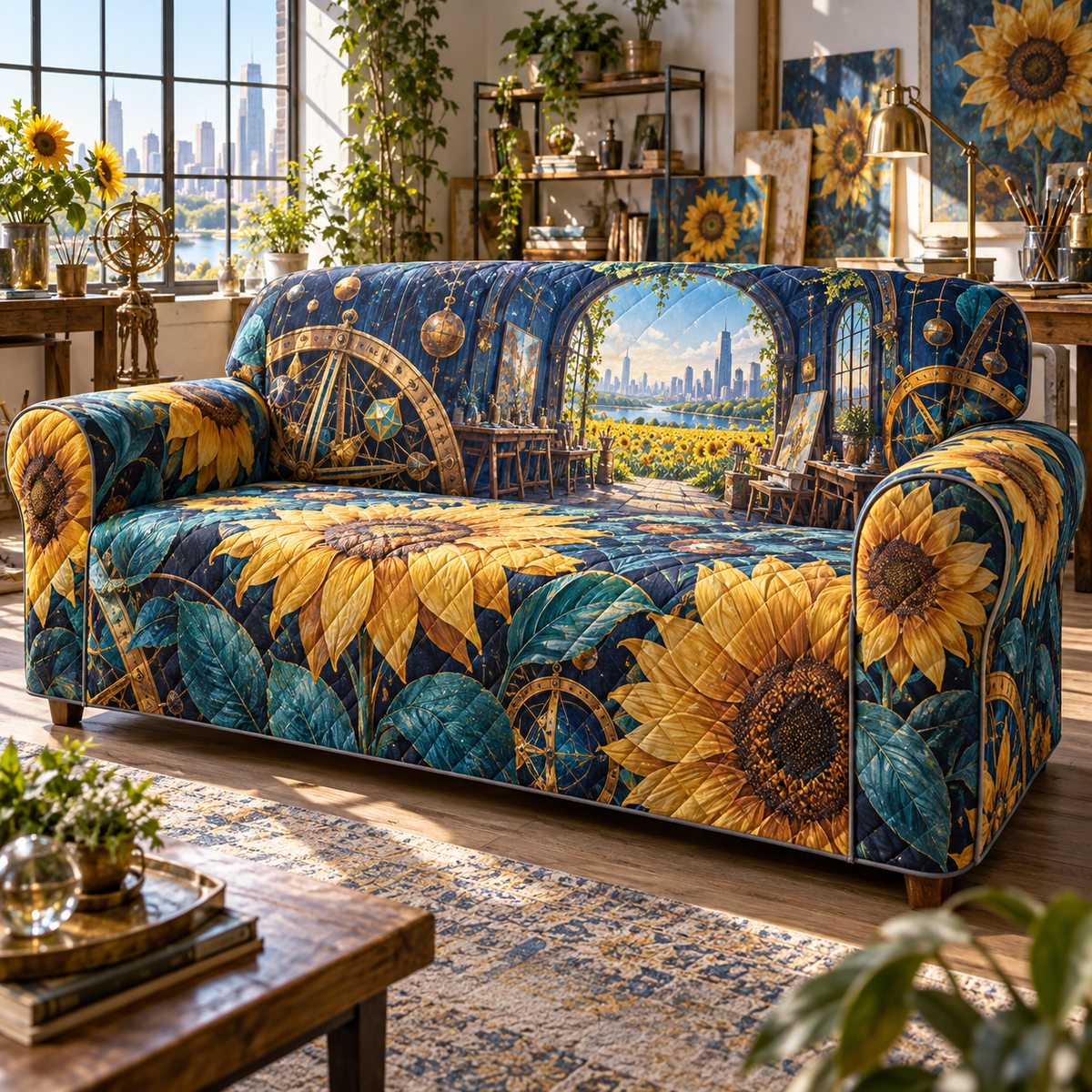 One sofa cover with a continuous sunflower maker atelier, folded golden blooms, brass drafting arcs, prismatic facets and a deep studio skyline.