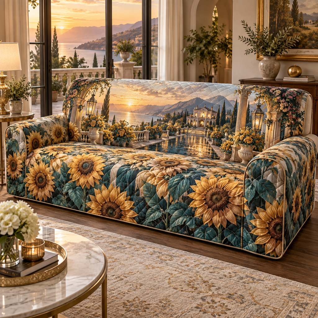 One sofa cover with a continuous sunflower welcome villa, folded golden blooms, champagne gates, crystal lantern facets and a deep terrace path.