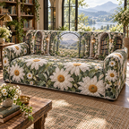 One sofa cover with a continuous daisy glasshouse library, luminous white blooms, pearl garlands, arched alcoves and a deep meadow path.