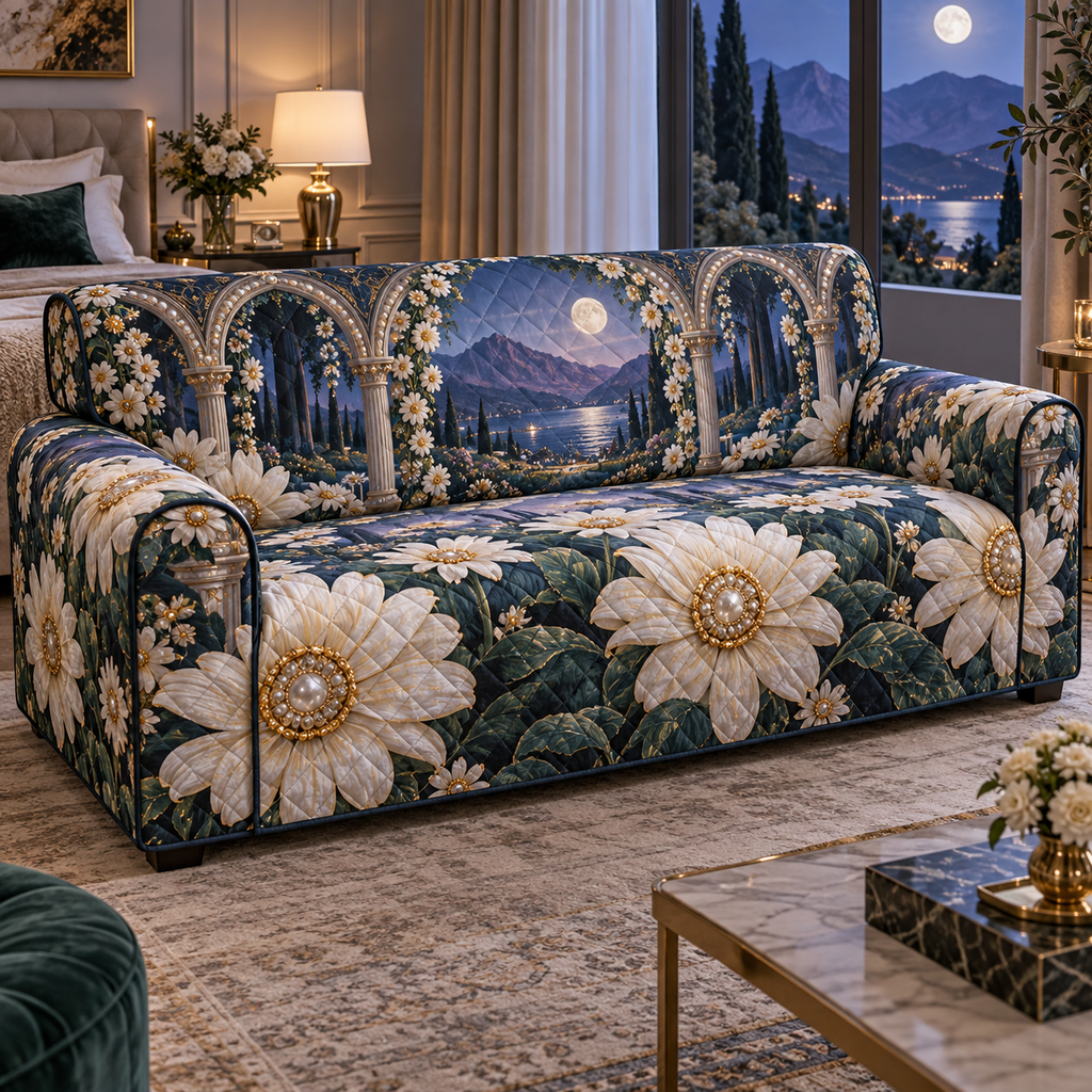 One sofa cover with a continuous celestial daisy rotunda, ivory blooms, pearl rings, moonstone arches and a deep moonlit gallery.