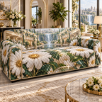 One sofa cover with a continuous modern daisy cascade, porcelain blooms, champagne terraces, mirrored channels and a deep waterfall atrium.