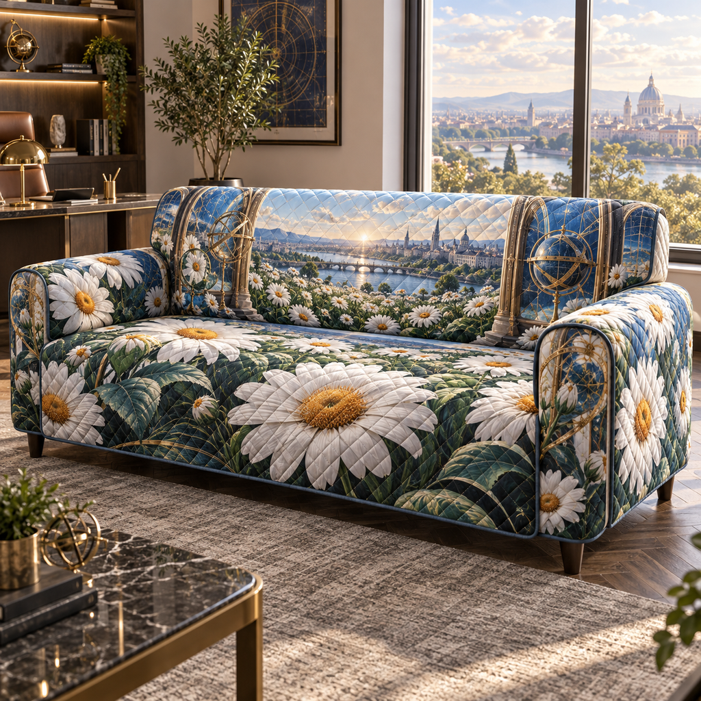 One sofa cover with a continuous daisy blueprint observatory, white blooms, brass coordinate rings, sapphire grids and a deep city vista.