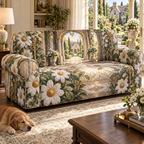 One sofa cover with a continuous daisy key manor, white blooms, brass coordinate rings, sapphire grids and a deep city vista.