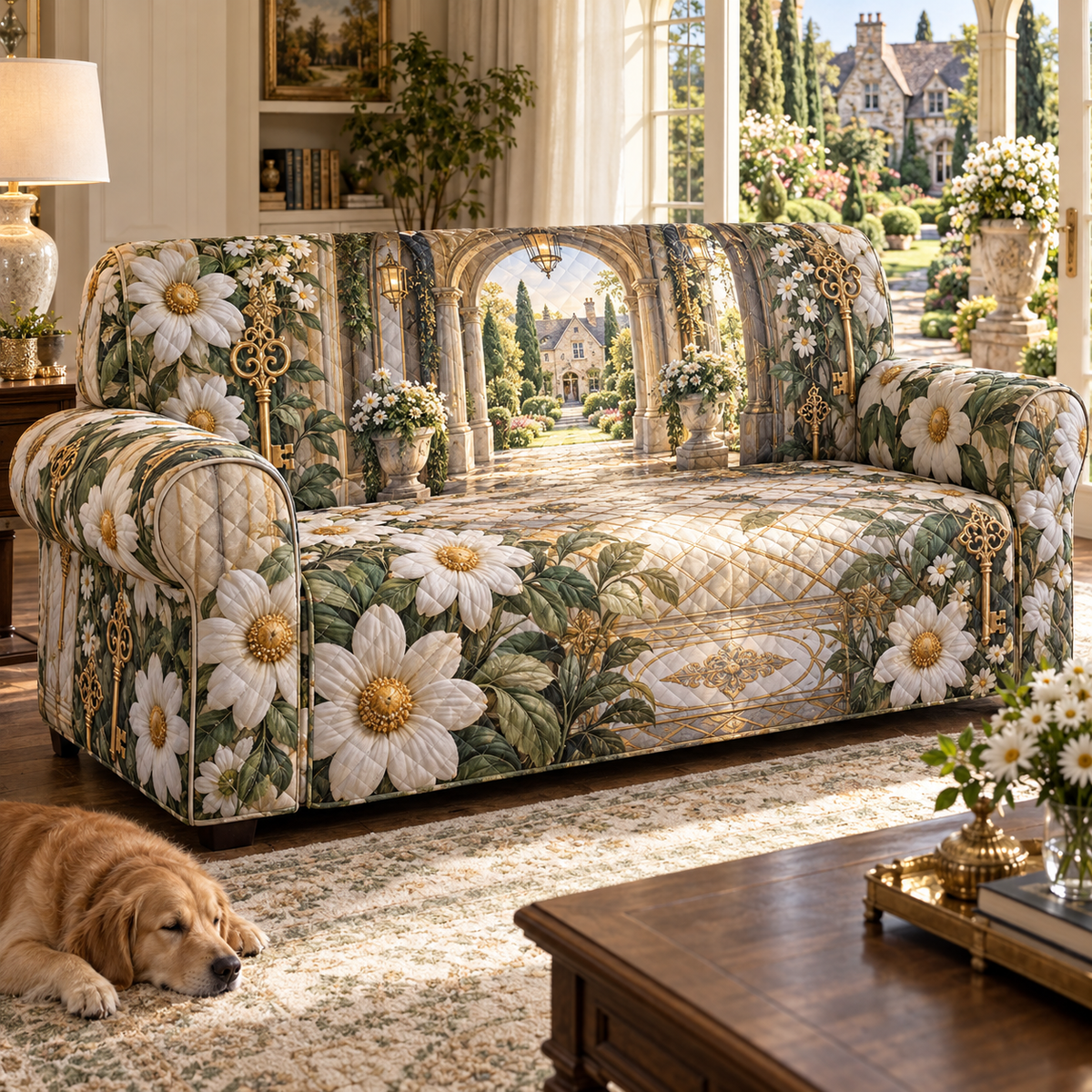 One sofa cover with a continuous daisy key manor, white blooms, brass coordinate rings, sapphire grids and a deep city vista.