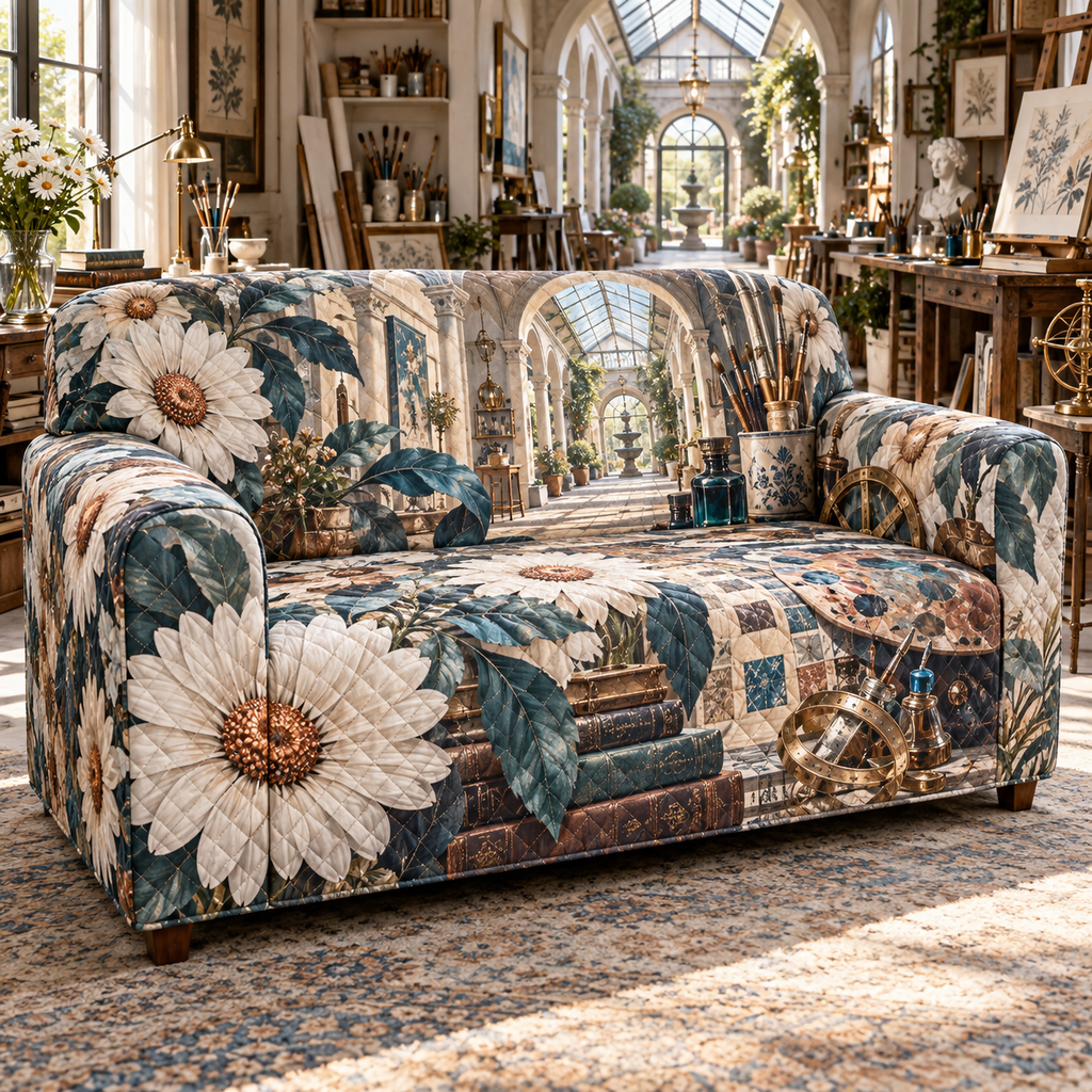 One sofa cover with a continuous daisy artisan atelier, white blooms, brass coordinate rings, sapphire grids and a deep city vista.
