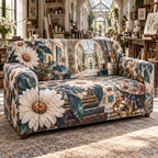 One sofa cover with a continuous daisy artisan atelier, white blooms, brass coordinate rings, sapphire grids and a deep city vista.