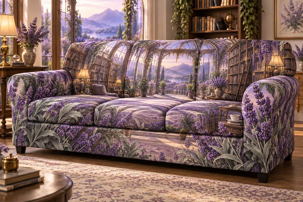 One sofa cover with a continuous lavender reading conservatory, white blooms, brass coordinate rings, sapphire grids and a deep city vista.