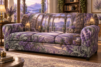 One sofa cover with a continuous lavender reading conservatory, white blooms, brass coordinate rings, sapphire grids and a deep city vista.
