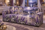 One sofa cover with a continuous lavender moon garden, white blooms, brass coordinate rings, sapphire grids and a deep city vista.