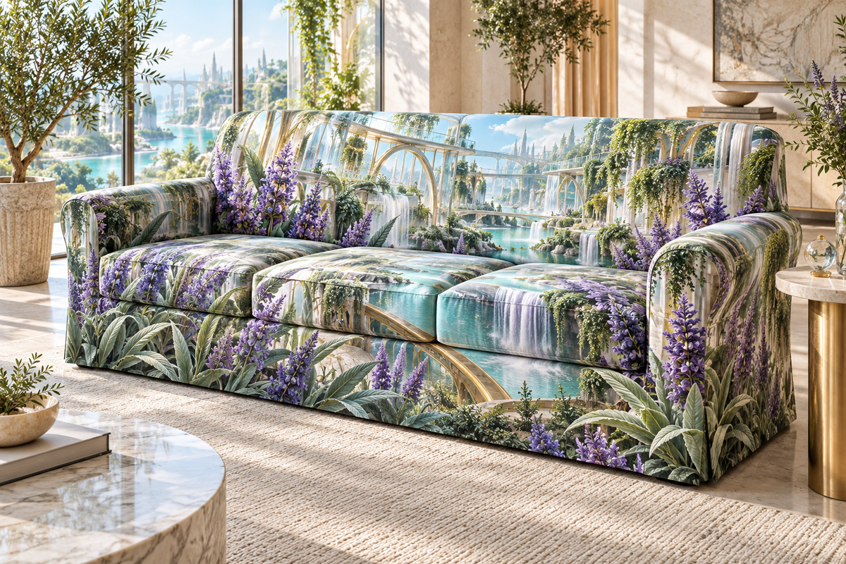 One sofa cover with a continuous lavender skybridge atrium, white blooms, brass coordinate rings, sapphire grids and a deep city vista.