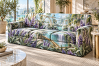 One sofa cover with a continuous lavender skybridge atrium, white blooms, brass coordinate rings, sapphire grids and a deep city vista.