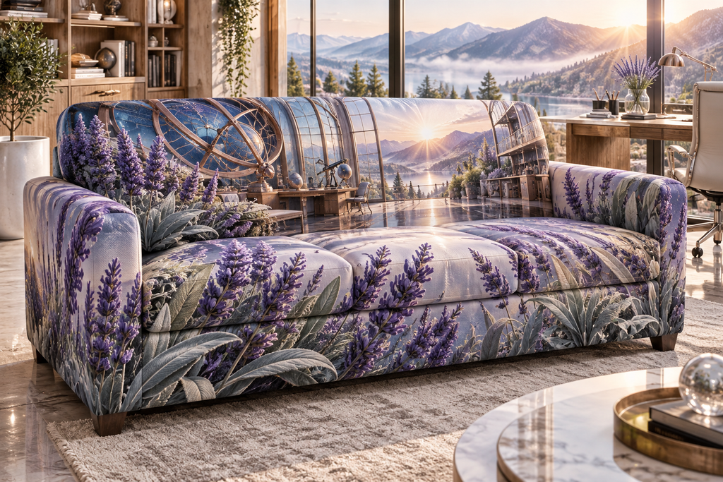 One sofa cover with a continuous lavender observatory studio, white blooms, brass coordinate rings, sapphire grids and a deep city vista.