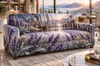 One sofa cover with a continuous lavender observatory studio, white blooms, brass coordinate rings, sapphire grids and a deep city vista.