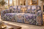 One sofa cover with a continuous lavender welcome atrium, white blooms, brass coordinate rings, sapphire grids and a deep city vista.
