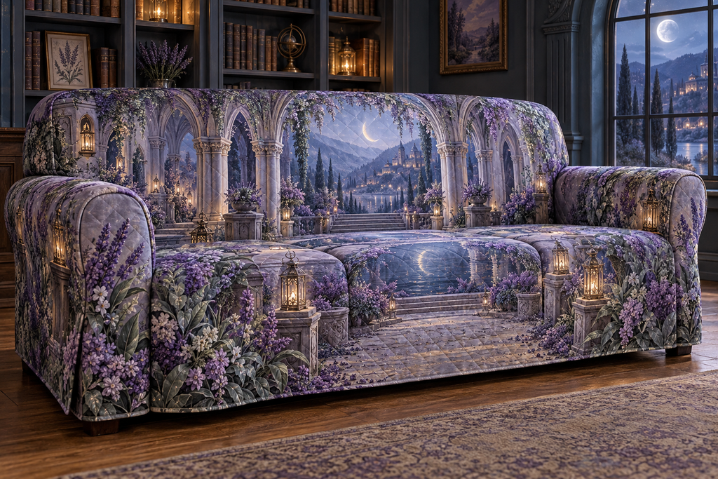 One sofa cover with a continuous lavender moonwell library, white blooms, brass coordinate rings, sapphire grids and a deep city vista.